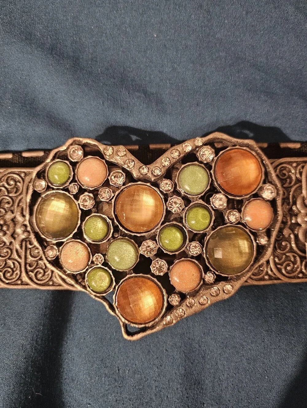 Vintage 80's Pewter Tone Emboss Stretch Fishscale Belt Jewel Buckle Boho